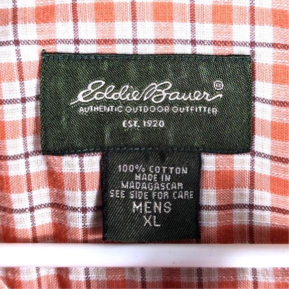 Eddie Bauer Mens XL Short Sleeve Plaid Button Front Cotton Shirt Orange Check - Picture 2 of 3